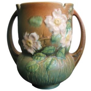 Roseville Pottery Green Brown White Rose 8" Vase 985-8